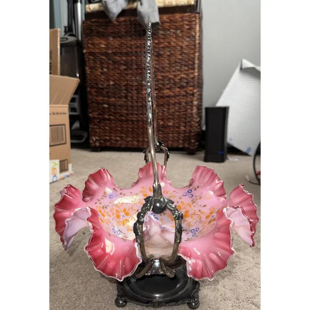 Victorian Pink Cranberry Bride's Basket | E.G Webster Quadruple Silverplate 1880